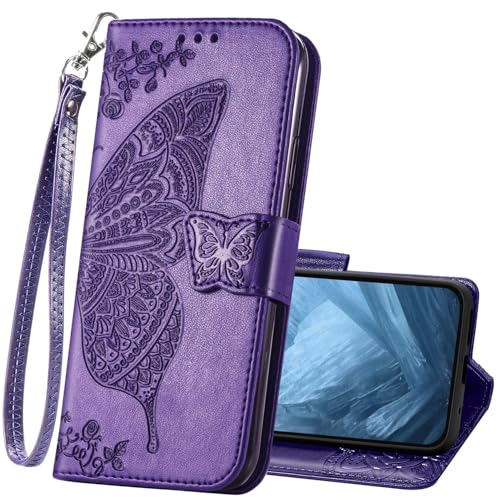 Wallet Case for Google Pixel 10 Pro,Pixel 10 PU Leather Flip Protective Phone Cover Wrist Strap Card Slots Holder Pocket Emboss Butterfly Flower Stand Case Women for Pixel 10/10 Pro Purple