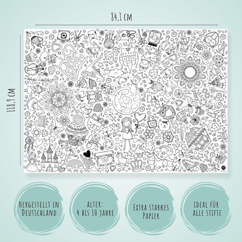 Papier-Tischdecke zum Ausmalen, Motiv Fantasiewelt, bemalbare Tischdecke Einhorn, Deko Kindergeburtstag, Ausmalen Mädchen, Mal Mich Bunt