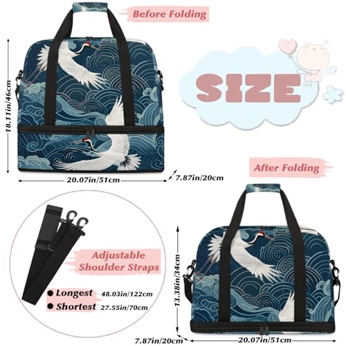 Large Weekender Overnight Bags Japanese Waves Animal Crane Travel Duffel Bag for Women Men Gym Bag With Shoe Compartment Foldie Travel Tote Bag Carry On Personal Item Bag for Travel Gym Sports2