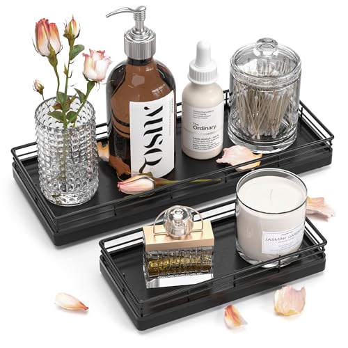 Oak Bathroom Tray Set for Counter, 2PC (11"and 7”) Wooden Vanity Tray for Perfume Hand and Soap Dispenser Tray for Kitchen Sink Countertop Organizer Sponge Holder, Toilet Tank Coffee Table Tray Black