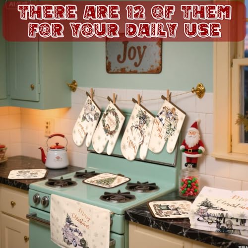 image for SiliFine 12 Pcs Christmas Kitchen Towels Pot Holders and Oven Mitts Se