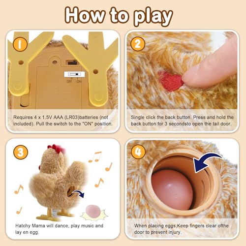 YH YUHUNG Interactive Mama Hen Plush Toy – Walking, Singing & Egg Laying Chicken – Feeds on Worms & Glows with Love – 6 in 1 Electronic Farm Pet Gift for Toddlers, Boys & Girls Ages 3+ (Yellow) by YH YUHUNG - Used condition - Image 7
