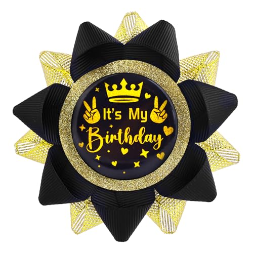 Gosknor Pin It's My Birthday, botão de feliz aniversário para mulheres homens meninos preto e dourado crachá fita grén para meninos meninas decoração festas presentes acessórios disfarces
