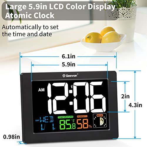Geevon Atomic Alarm Clock With Color Display, Digital Desk Clock With Indoor Temperature & Humidity, Calendar And Moon Phases, Auto Set Digital Alarm Clock For Bedroom, Office (Black) #TOP4