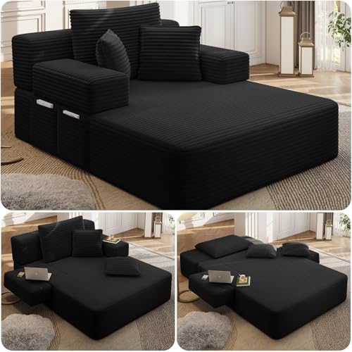 Oversized Boneless Chaise Lounge Indoor, Convertible Cloud Sleeper Sofa Couch Bed with Storage Pocket, Comfy Corduroy Flip Chaise Chair for Living Room, Bedroom, Reading, Office (Black)
