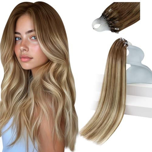 Sunny Hair Micro Bead Hair Extensions Real Human Hair Balayage Brown Microlink Soft Micro Ring Hair Extensions Human Hair Medium Brown with Blonde Beaded Durable 57G 16inch