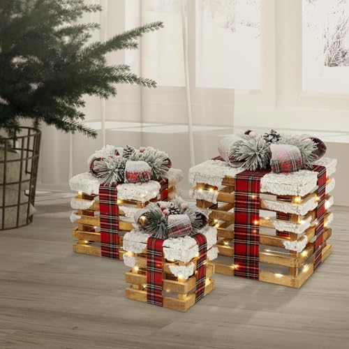 ECD Germany Set de 3 Cajas de Regalo LED Marrón Madera Nevada con Lazos Iluminación Blanco Cálido Funcionamiento Mediante Pilas Función Temporizador Luz Ambiental Festiva Decoración Árbol de Navidad