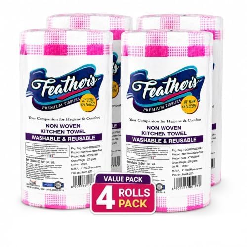 Image of Feather's Smartchoice Reusable Kitchen Towel Roll | 80 sheets per roll | Washable Non Woven Tissue, Clean wet surface, dishes, appliance, etc | Wash, Re-use and Repeat (Pack of 4)