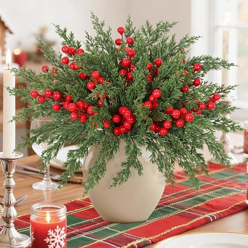 Betylifoy 40PCS Ramas de Pino Artificiales Ramas Artificiales de Pino Navideñas con Tallos de Bayas Rojas Norfolk Ramas de Navidad Artificial para Navidad Decoración DIY para Fiestas Navideñas (40)