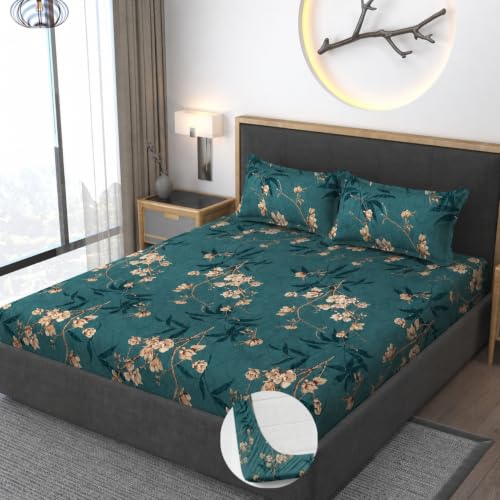 Image of Premium Heavy Cotton Elastic Fitted Bedsheets with 2 King Size Pillow Covers || Double Bed with All Around Elastic 350 TC || 72 x 78 x 10 Inch King Size Fitted || - Green Flower
