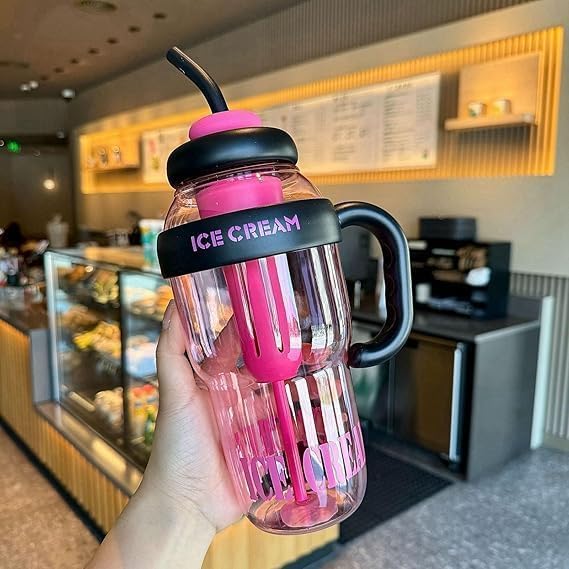 1300ml Large Capacity Insulated Transparent Tumbler Bottle with Straw & Handle, Leakproof Detox, Green Tea, Milkshake, Beverages, Juice & Cold Drinks | Gym, Travel, Office & Fitness (PINK)