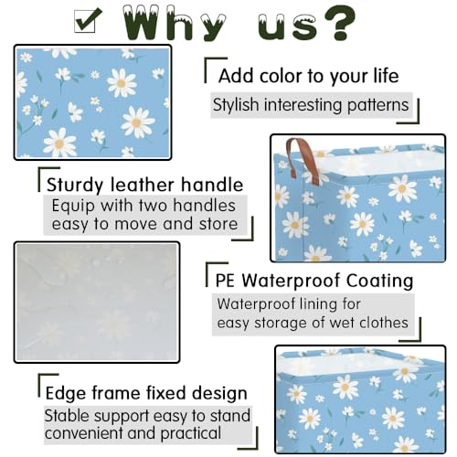 Image of Rectangular Daisy Storage Basket,Kids Laundry Hamper,Waterproof foldable kids laundry basket,Blue Baskets,Books Box,Flower room decor(Daisy)