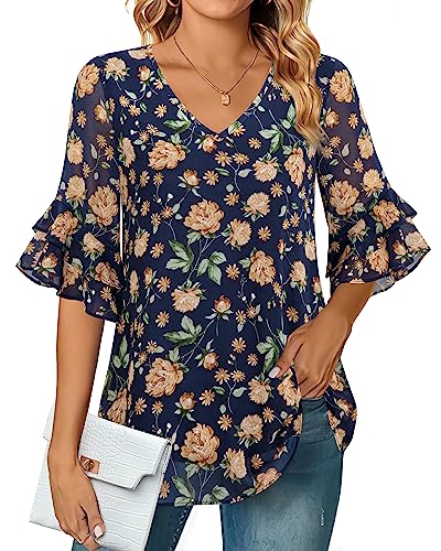 Valolia 3/4 Sleeve Blouses For Women, Womens Tops Casual V Neck Ruffle Sleeve Blouse Loose Shirt Blue Floral Top Women Blouses For Work Business Tops Plus Size Tops For Women Multi Blue Xx-Large #TOP7