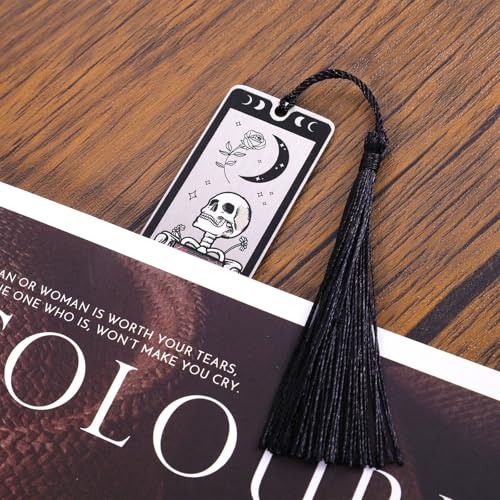 Lasuroa Skeleton Tarot Metal Bookmark with Black Tassels, Gothic Horror Book Marker for Women Men Teens Birthday Halloween Christmas - Image 4
