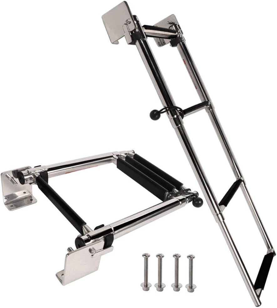 Marine 316 Stainless Steel Telescoping Folding Transom Ladder, 4 Steps with Self-Lock Transom Mount Brackets
