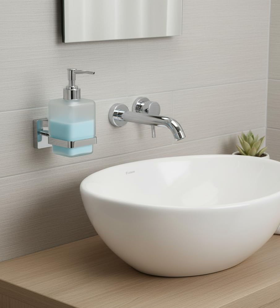 Image of EASYHOME FURNISH Premium Wall-Mounted Liquid Soap Dispenser for Bathroom and Kitchen | Frosted Glass Bottle with Rust-Proof 304 Stainless Steel Holder & Chrome Finish Pump