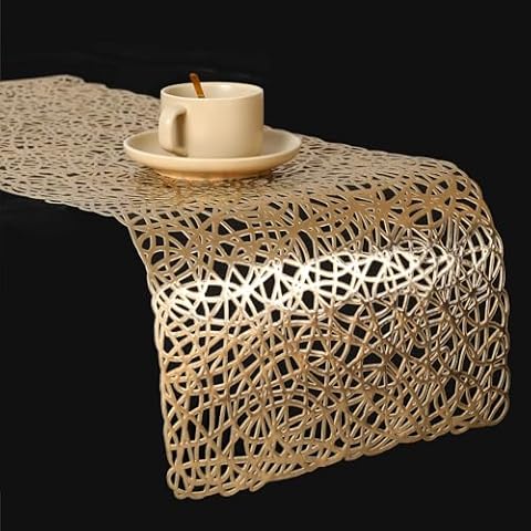 FAVE Gold Table Runners 36 Inches Heat Resistant Table Runner Flower Shaped Short Table Runner Washable Table Mats FallTable Runner for Party,Wedding (Table Runner-Line Pattern ) Cover