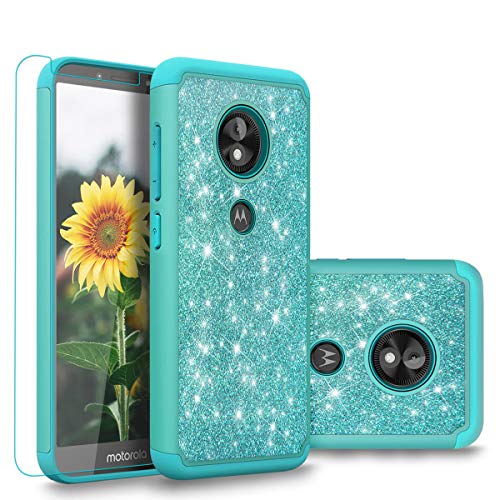 Cellularvilla Moto E5 Play Case, Moto E5 Cruise Case with Tempered Glass Bling Sparkly Glitter Hybrid Rugged Dual Layer Shockproof Bumper Case Cover for Motorola Moto E5 Play / E5 Cruise (Aqua Blue)