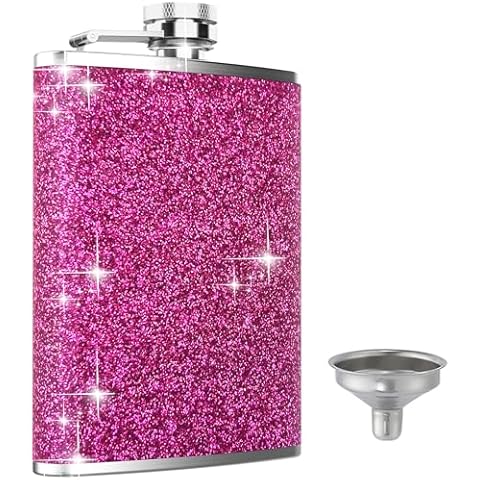 Hip Flask, KIKISML 8Oz Flask for Liquor Stainless Steel Spirit Flask with Never-Lose Cap and Funnel Leakproof Thin Portable Metal Flask for Camping Outdoor Activitie Wedding Party Gift, Hot Pink Cover