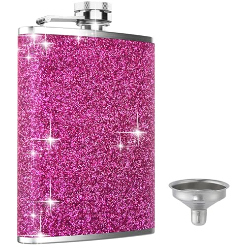 Hip Flask, KIKISML 8Oz Flasks for Liquor Stainless Steel Spirit with Never-Lose Cap and Funnel Leakproof Thin Portable Metal for Camping Outdoor Activitie Wedding Party Gift, Hot Pink