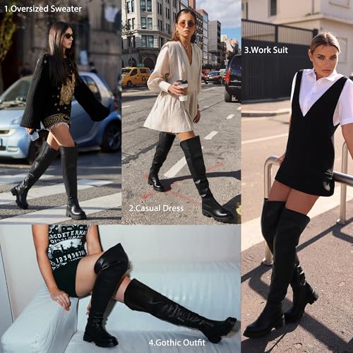 Black Thigh High Boots For Women Platform Slouch Over The Knee High Boots Lug Sole Low Chunky Heel Curve-friendly 6