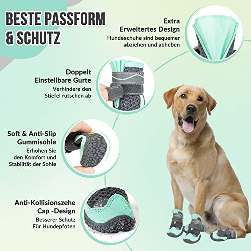 Eyein Hundeschuhe Pfotenschutz, 2 Stück atmungsaktiv Hundeschuhe mit Rutschfester Sohle und reflektierendem Klettverschluss für kleine, mittlere und große Hunde, Sport im Freien, Grün, Größe 4