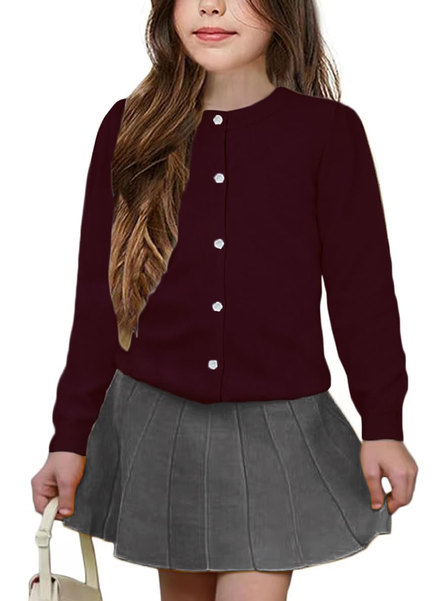 Girls' Cardigan Sweater [Cute Petal Buttons] Cotton Long Sleeve Crewneck Uniform Sweater for 5-14 Years Girls