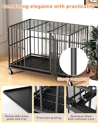 38 inch Heavy Duty Dog Crate with Dual Doors and Lockable Wheels, Large Dog Kennel Indoor, Removable Tray for Easy Cleaning, Dog Cage for Medium to Large Breeds and Anxious Dogs - Image 3