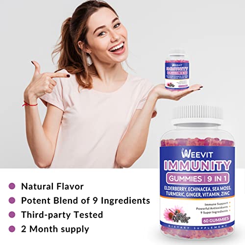 9 In 1 Immune Support Gummies With Elderberry, Echinacea, Sea Moss, Turmeric, Ginger, Zinc, Vitamin C, D, E | Immunity Gummies For Adult Kid (2-Pack) #TOP3