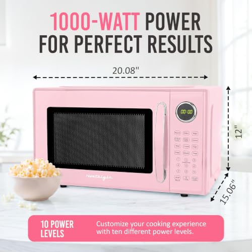 Image of Nostalgia Retro Microwave Oven - 1.1 Cu Ft, 1000-Watt Countertop Size with Glass Turntable, Child Safety Lock, 8 Auto-Cook Programs, Digital Clock - Pink