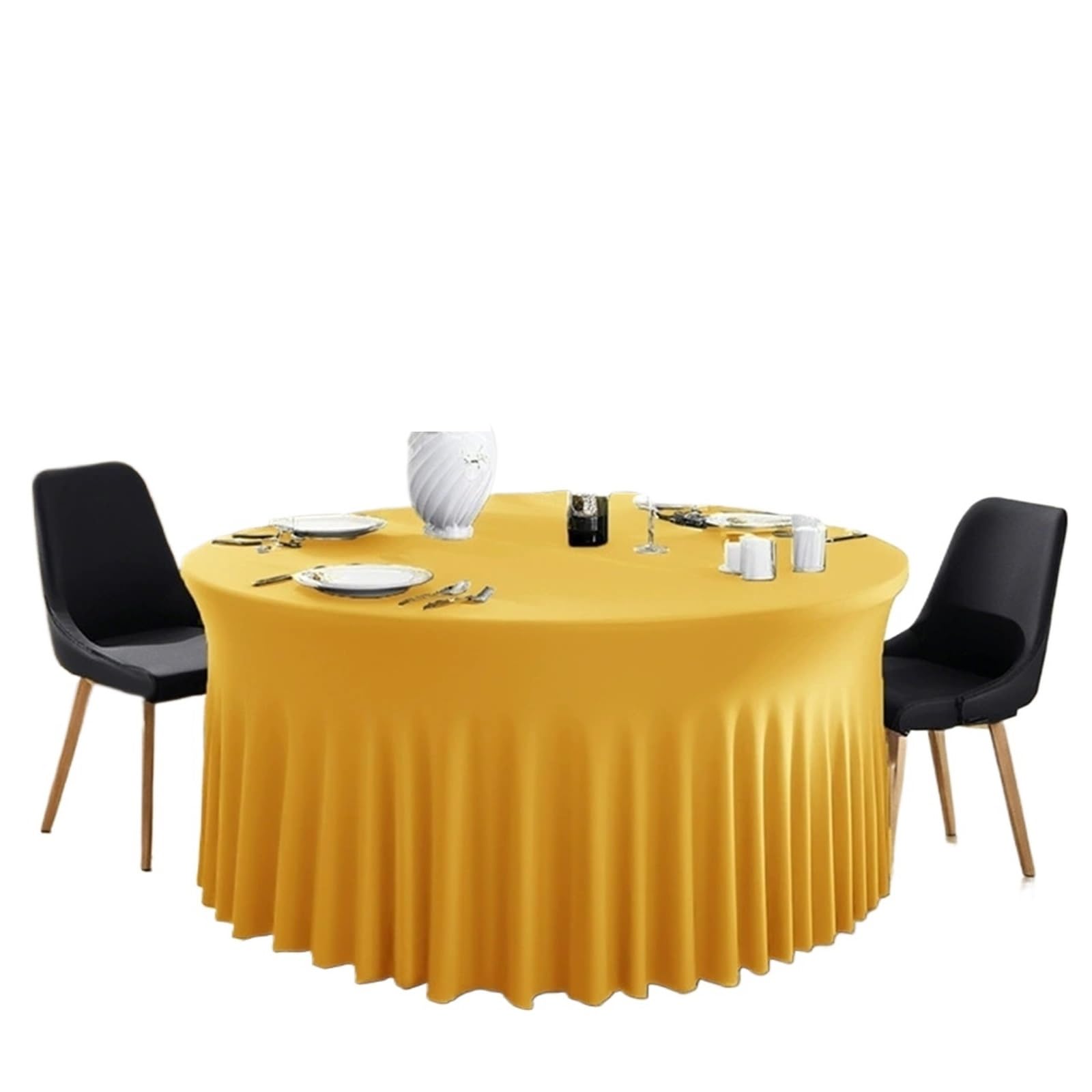 SHENJMAI Round Skirt Tablecloth White Round Spandex Tablecloth Stretchy Fitted Wrinkle Free Table Cover with Skirt for Wedding Party Buffet Birthday Photography(Gold,6FT(R 183XH 75 CM))