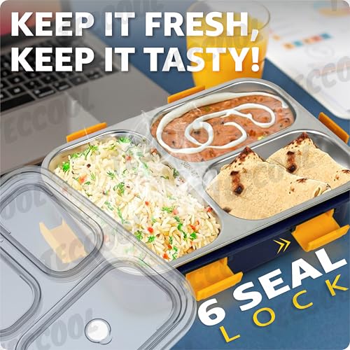 Image of TEKCOOL Lunch Box for Adults - Lunch Box for Kids - with Spoon & Fork - Stainless Steel Lunch Box with 3 Compartment - Durable Perfect Size for On-The-Go Meal, BPA-Free-;