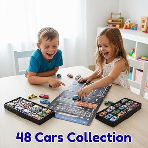 Image of Toy Cars Set 48 Pieces Pull Back Alloy Model Cars with Carry Case Handle, Mini Metal Racing Cars Collection with Storage Box, Tiered Display Stand and Foldable City Road Map Play Mat for Kids