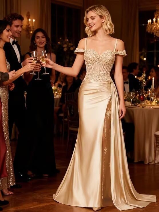 Off Shoulder Satin Prom Dresses 2026 Mermaid Beaded Formal Dresses Corset Lace Pleated Evening Dress with Slit Tail - Image 2