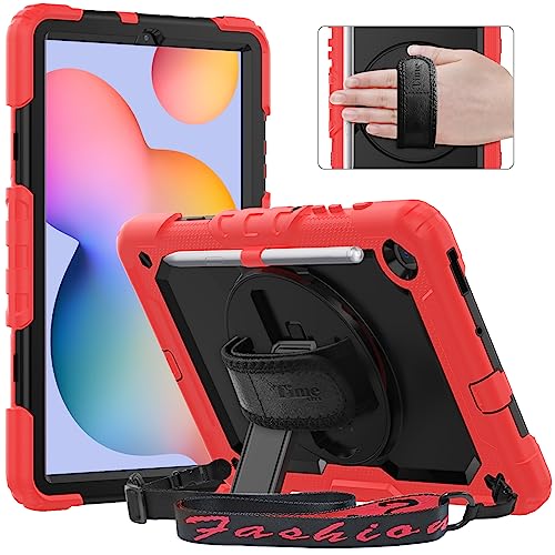 Timecity Case For Samsung Galaxy Tab S6 Lite 10.4" 2022/2020 (Sm-P613/ P619/ P610/ P615), Case For Kids With Pen Holder Built-In Screen Protector&360 Degree Swivel Stand&Hand Strap&Shoulder Strap- Red #TOP5