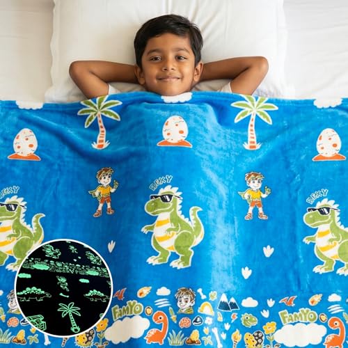 Image of Famyo Glow in The Dark Blanket for Kids, Pack of 2, Queen Size | June Unicorn & Rexy Dinosaur Glow Blankets, 200x152 cm, All-Season, Double /Queen Bed, AC Blanket for Kids, Birthday Gift Set