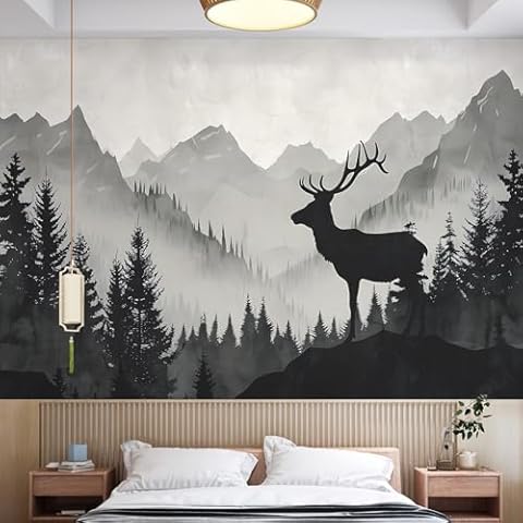 AM AMAONM 63x89.8inch Large Abstract Mountain Landscape with Deer Wall Art Print, Black Grey Forest Mountain Wallpaper Removable Wall Contact Paper Mural for Nusery Living Room Background Cover