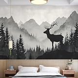 AM AMAONM 63x89.8inch Large Abstract Mountain Landscape with Deer Wall Art Print, Black Grey Forest Mountain Wallpaper Removable Wall Contact Paper Mural for Nusery Living Room Background