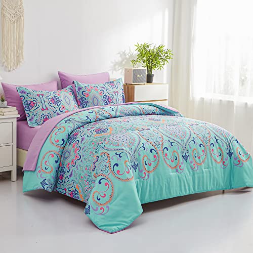 Dhsfkbe King Size Comforter Set, 7 Piece Bed In A Bag, Boho Aqua And Lilac Damask Medallion Print Comforter With Sheets, Soft Microfiber Complete Bedding Set For All Season (Aqua, King) #TOP1