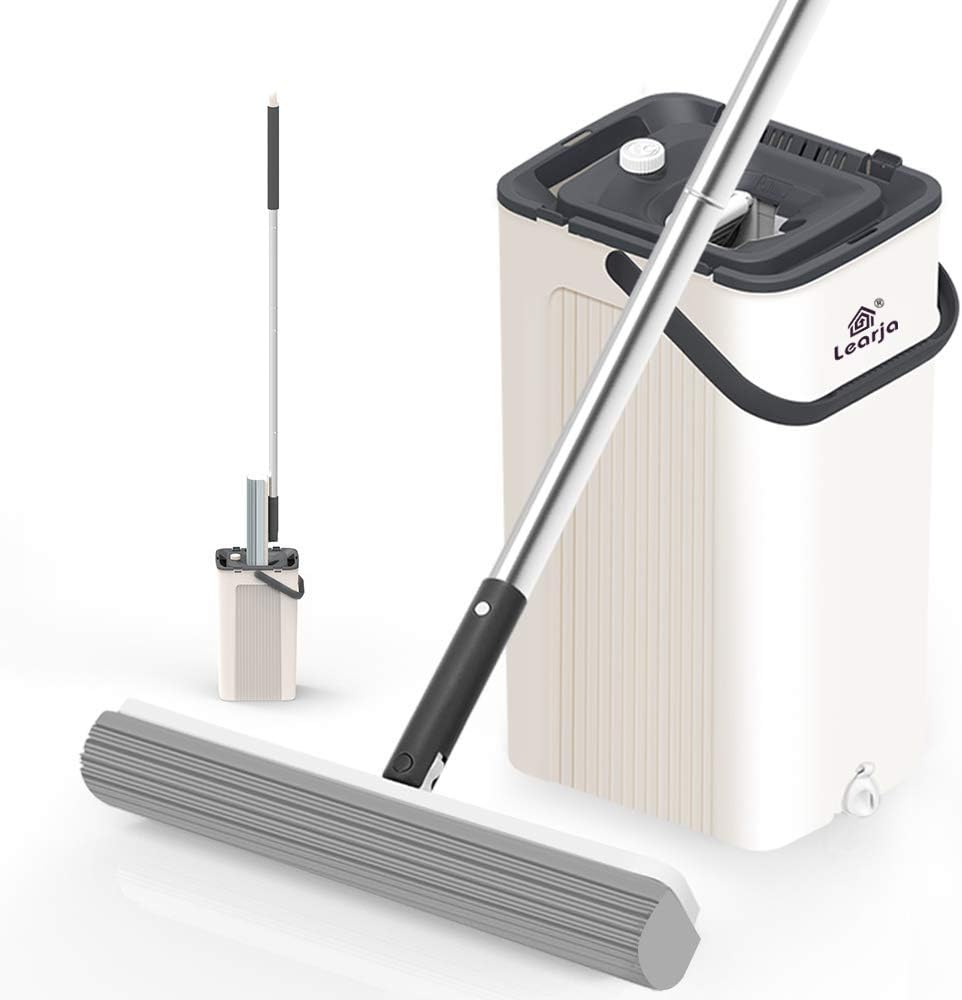 LEARJA Sponge Mops, Sponge Mops for Floor Cleaning, Single Bucket Self Wringer, Super Absorbent Mop Extendable Handle, Squeeze Compact Floor Mop Pail, Easy Storage (Beige Bucket + Gray Mop Head)