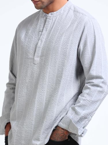 Image of StitchX Men's Seersucker Band Collar Pure Cotton Striped Kurta Shirt-S-2XL