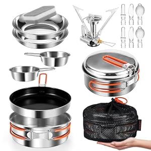 Odoland 10pcs Stainless Steel Camping Cookware Camping Pot and Pan Set with Portable Camping Stove Camping Mess Kit with Plates Bowls Forks Knives Spoons for Hiking Backpacking and Picnic