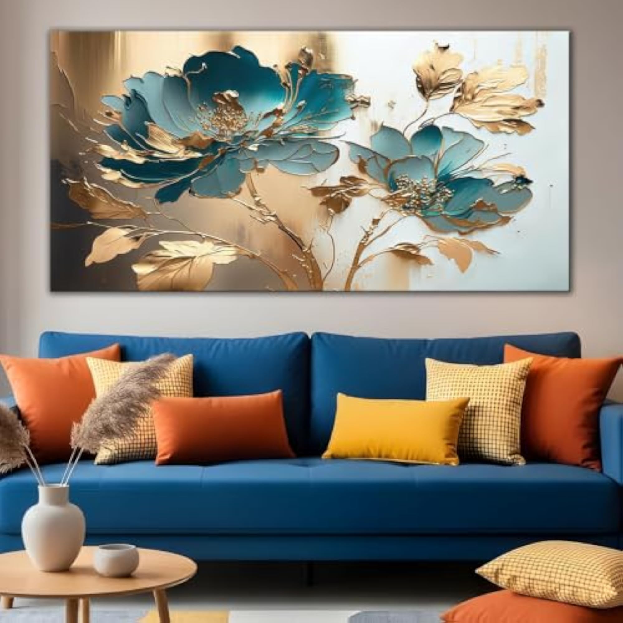 3D-Textured Teal Blue and Gold Floral Canvas Wall Art