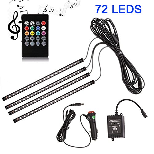 ANSCHE Car Interior Lights, 72 LEDs Under Dash LED 12V RGB Floor Strip Lights Music Changing Wireless RF Remote Control Decorative Atmosphere Ambient Lighting Kits Sound Sensitive,Car Charger Included