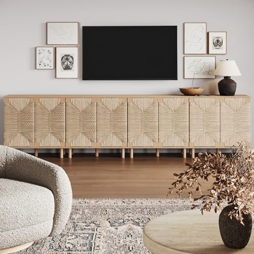 Image of Nathan James Beacon Boho TV Stand, Free Standing Kitchen Cabinet Storage with Adjustable Interior Shelf and Seagrass Accent, Seagrass /Raw Oak, Set of 4