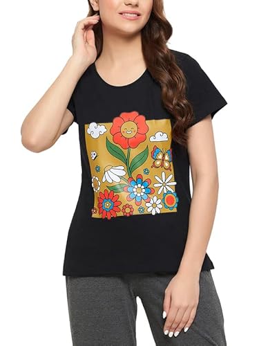 Clovia Women’s Cotton Graphic & Text Print Top (LT0124I13_Black_M)