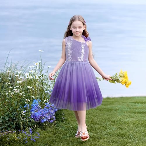 LQSZ Girls Sequin Dress Tutu One Shoulder Summer Dresses Fancy Party Prom Gowns Tulle Sundress for 3-12 Years Purple3