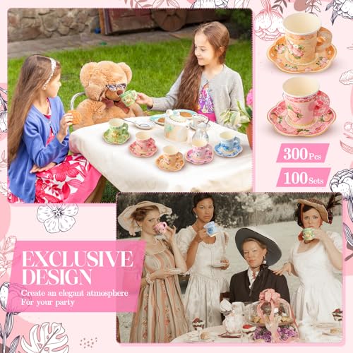 Nuogo 300 Pcs Disposable Tea Party Supplies Vintage Floral Paper Tea Cups with Handle and Plates Napkins Tea Cup and Saucer Set for Birthday Baby Shower Bridal Wedding Mother\'s Day, Serve 100 Guest