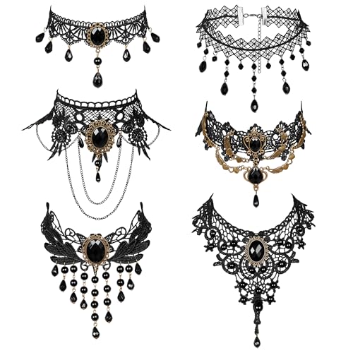 YOVORO 6 Pieces Black Gothic Choker Necklace for Women Victorian Lace Choker Necklace with Pendant Adjustable Wide Choker Necklace Halloween Sexy Wedding Cosplay Party Jewelry Gift