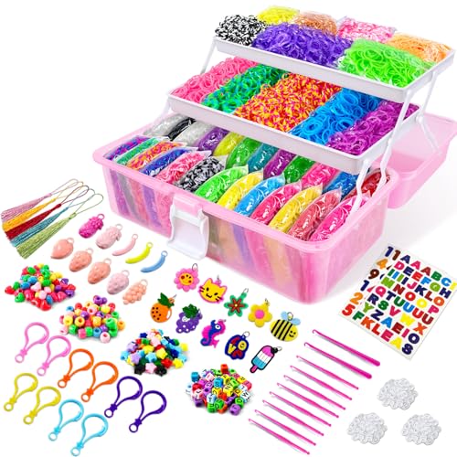 ROSHUKG 14500 Gomas para Hacer Pulseras, Kit para Hacer Pulseras de Goma de Colores con Recipiente de 3 Capas para Niñas Niños(Rosa)